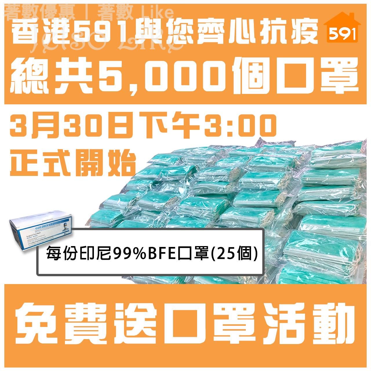 香港591房屋交易網 免費送出 5,000個 口罩